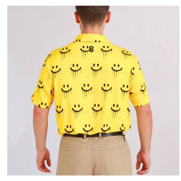 Suntasy Dry Fit Polo Golf Shirt,Yellow and Black Smiley Face Prt., NEW, Small - Picture 5 of 6